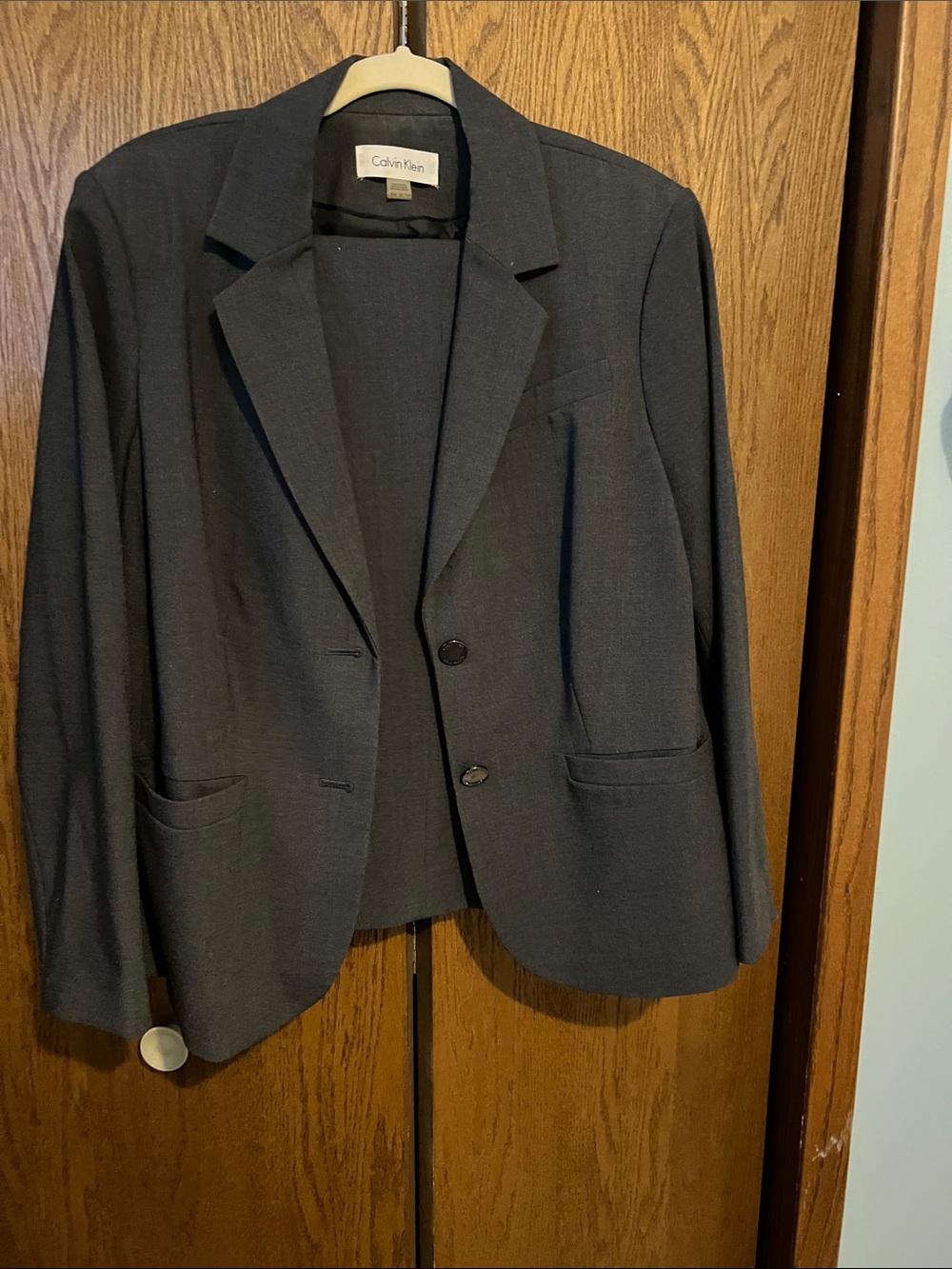 Calvin Klein Charcoal Two-Button Notch Collar with traditional pantsWomen's Suit